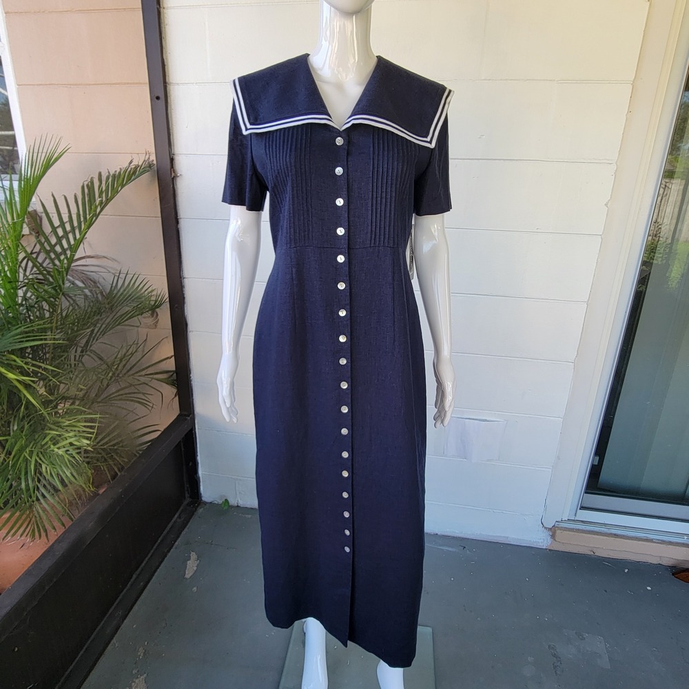 NWT Positive Attitude Sailor Collar Maxi Dress Navy Blue Women 6 Vintage 90s